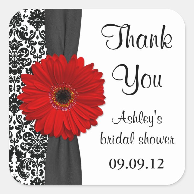 Sticker Carré Damask Red Daisy Mariage Fête des mariées Merci (Devant)