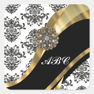 Sticker Carré Damassé chic et or noirs et blancs