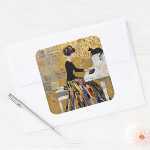 Sticker Carré Dame au piano Gold Klimt avec chat noir