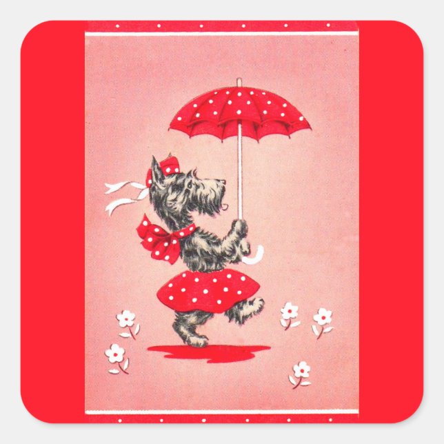 Sticker Carré Dame de chien écossaise portant un parapluie (Devant)