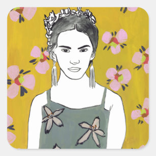 Sticker Carré Dame en fleurs roses - Jaune