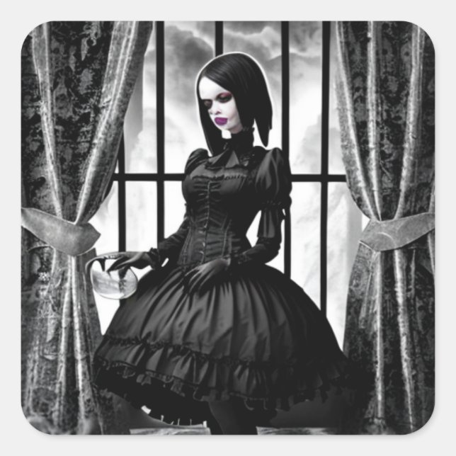 Sticker Carré Dame gothique en robe noire Halloween Éffrayant (Devant)