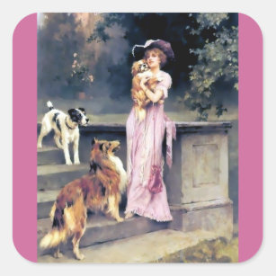 Sticker Carré Dame victorienne avec des animaux familiers de