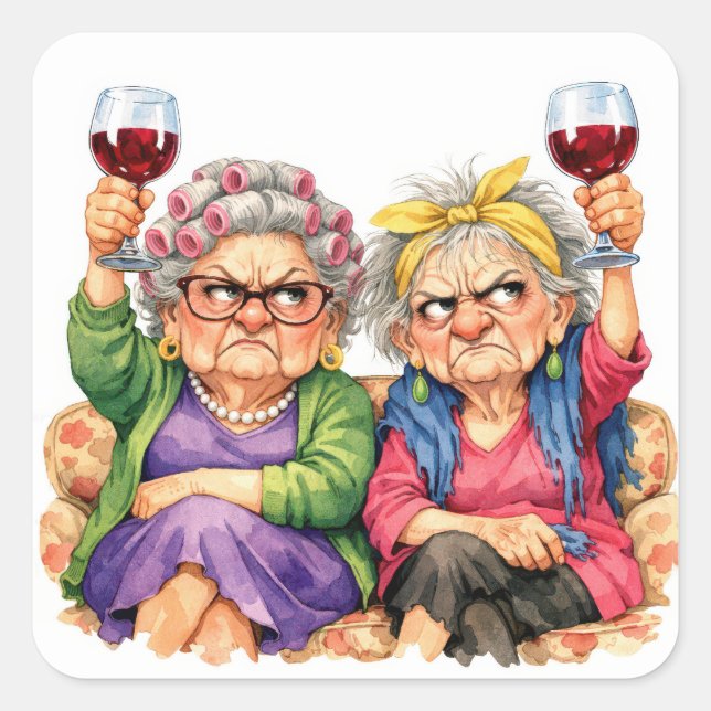 Sticker Carré Dames âgées excentriques avec du vin rouge (Devant)