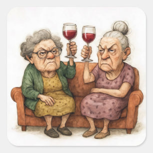Sticker Carré Dames âgées grincheuses avec du vin rouge