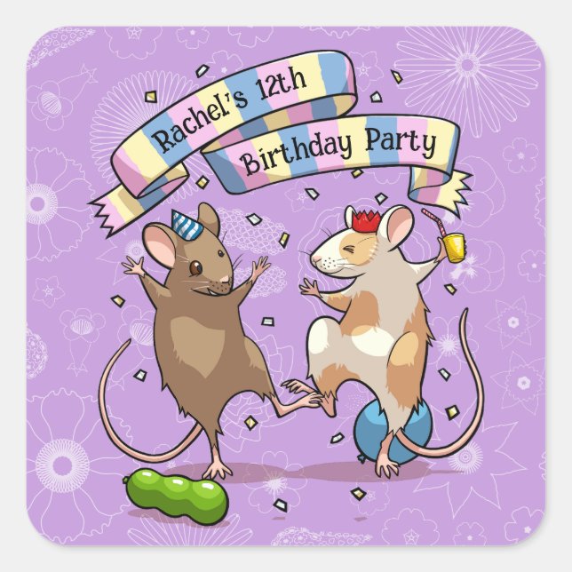 Sticker Carré Dancing Mice Ajouter Le Nom Joyeux Anniversaire Fê (Devant)