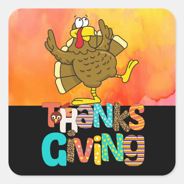 Sticker Carré Dancing Turkey Thanksgiving humoristique (Devant)