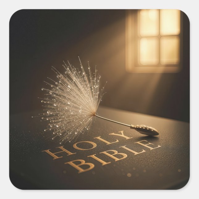 Sticker Carré Dandelion Seedling with Water Droplets on a Bible  (Devant)