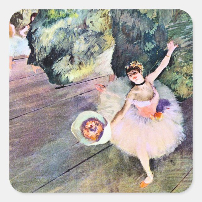 Sticker Carré Danseuse avec un bouquet de fleurs par Edgar Degas (Devant)