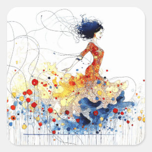 Sticker Carré Danseuse de flamenco en mouvement multicolore flui
