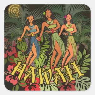 Sticker Carré Danseuses Hula Vintage d'Hawaï Palmier Tiki Rétro