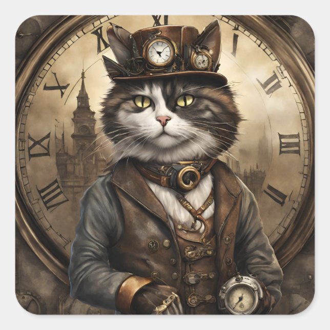 Sticker Carré Dapper Steampunk Calico Cat (Devant)