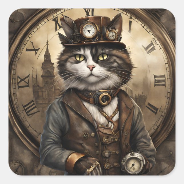 Sticker Carré Dapper Steampunk Calico Cat (Devant)