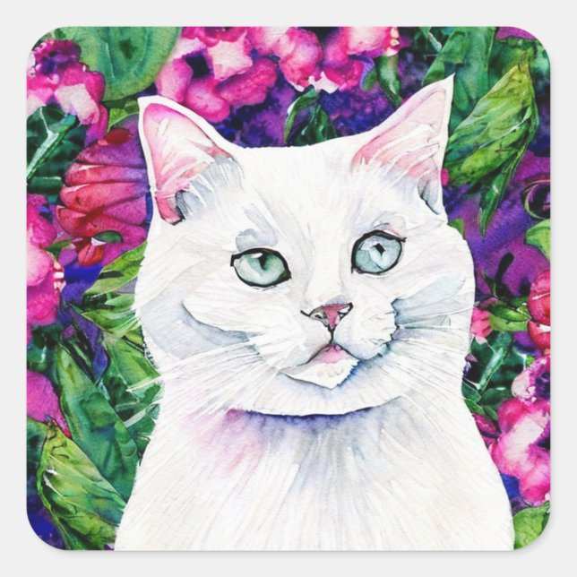 Sticker Carré d'aquarelle blanc chat (Devant)