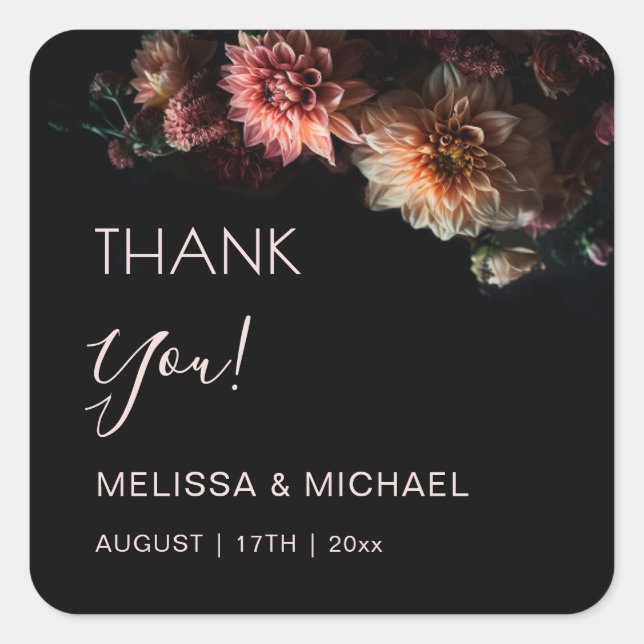 Sticker Carré Dark Floral Chrysanthemum Wedding Thank You (Devant)