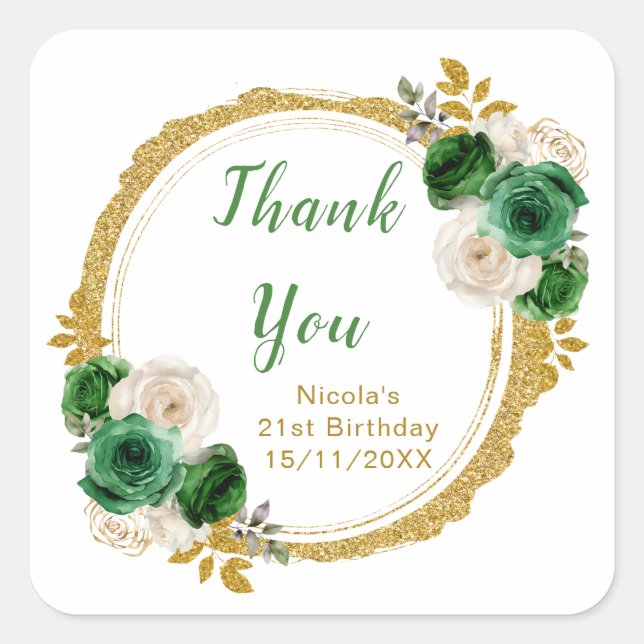Sticker Carré Dark Green and Gold Elegant Flowers Birthday Party (Devant)