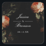 Sticker Carré Dark Moody Romantic Floral Néerlandais Mariage<br><div class="desc">Parfait pour les faveurs ou les kits de bienvenue. Customisez le texte et déplacez ou mettez à l'échelle le cercle et les flancs selon vos besoins. La forme et la couleur du cercle sont modifiables.</div>