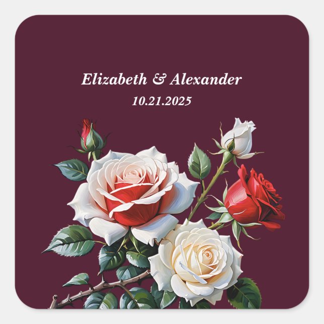 Sticker Carré Dark Pretty pink white red roses floral wedding (Devant)