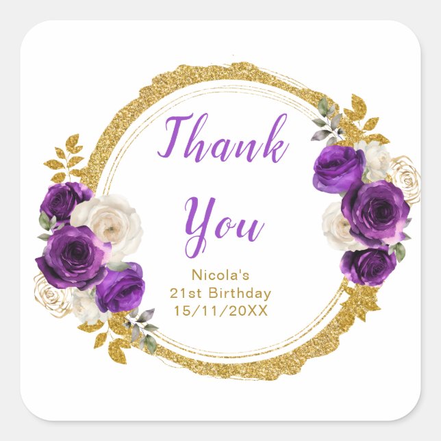 Sticker Carré Dark Purple and Gold Elegant Flower Birthday Party (Devant)
