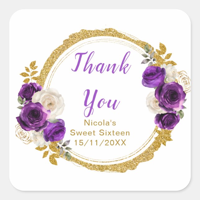 Sticker Carré Dark Purple and Gold Elegant Flowers Sweet Sixteen (Devant)