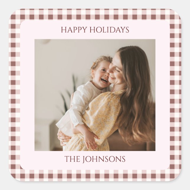 Sticker Carré Dark Red Gingham Plaid Custom Photo Greeting (Devant)