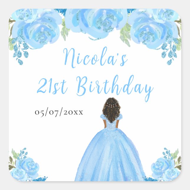 Sticker Carré Dark Skin Princess Blue Floral Birthday Party (Devant)