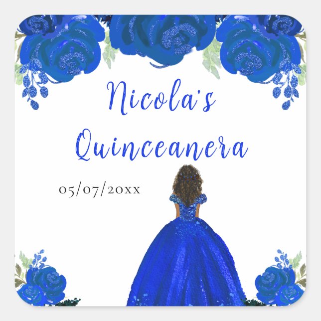 Sticker Carré Dark Skin Princess Blue Floral Quinceanera (Devant)