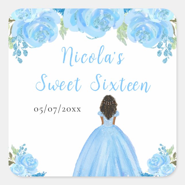 Sticker Carré Dark Skin Princess Blue Floral Sweet Sixteen (Devant)
