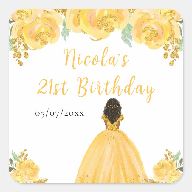 Sticker Carré Dark Skin Princess Gold Floral Birthday Party (Devant)