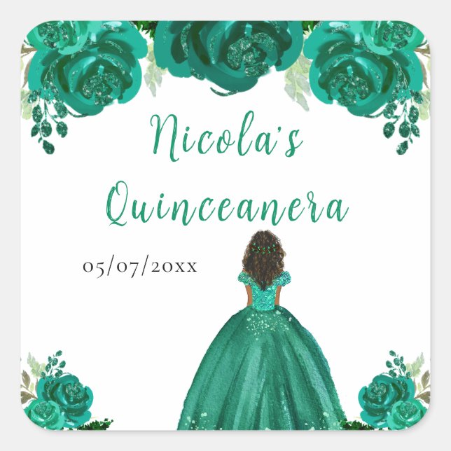 Sticker Carré Dark Skin Princess Green Floral Quinceanera (Devant)
