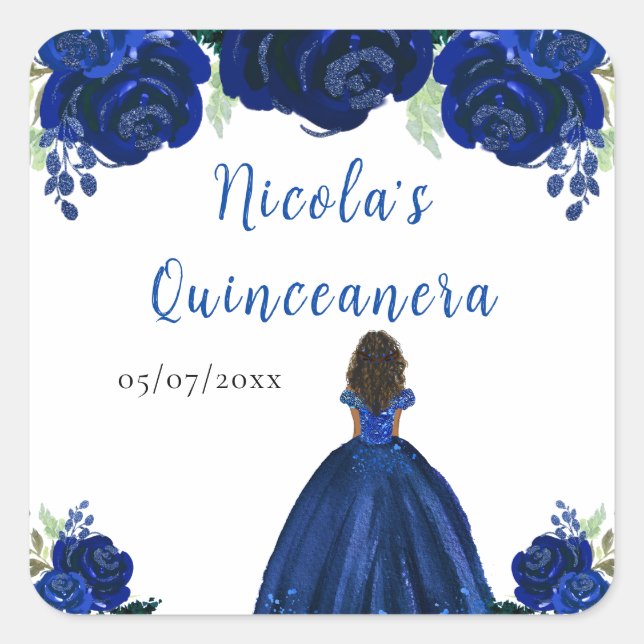 Sticker Carré Dark Skin Princess Navy Floral Quinceanera (Devant)