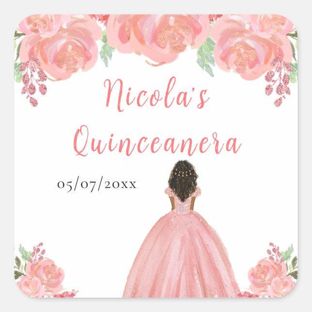 Sticker Carré Dark Skin Princess Pink Floral Quinceanera (Devant)