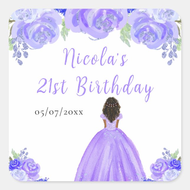 Sticker Carré Dark Skin Princess Purple Floral Birthday Party (Devant)
