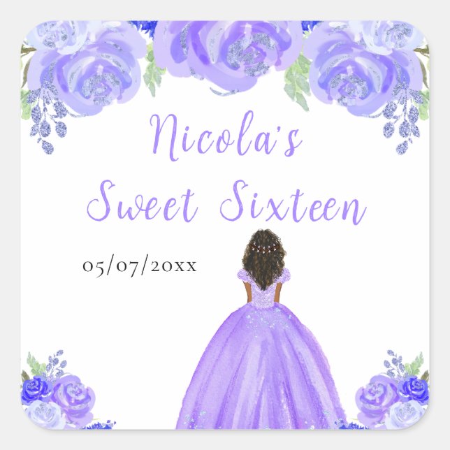 Sticker Carré Dark Skin Princess Purple Floral Sweet Sixteen (Devant)