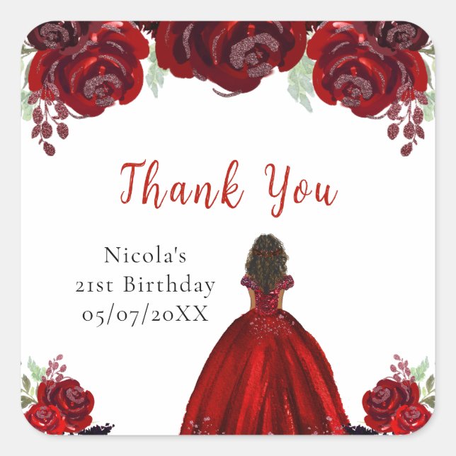 Sticker Carré Dark Skin Princess Red Floral Birthday (Devant)
