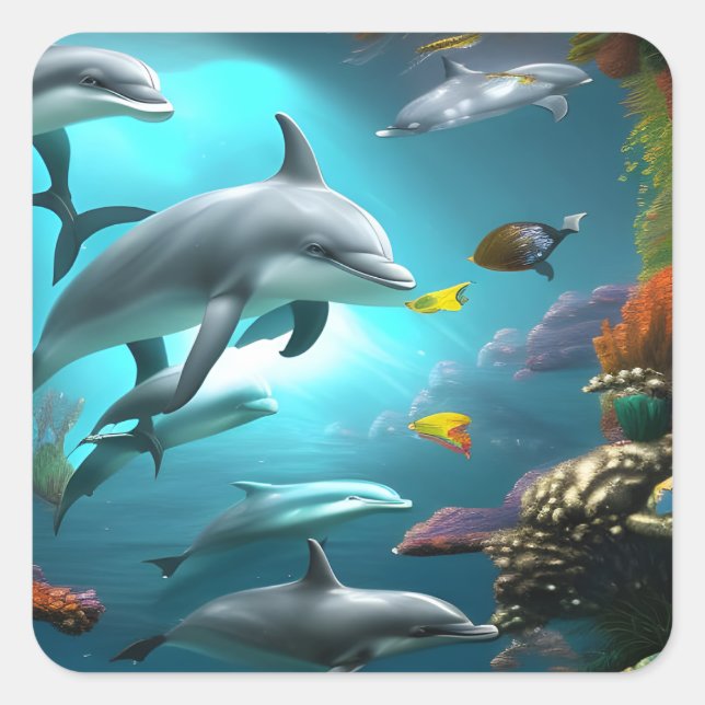 Sticker Carré Dauphins Nager sous l'eau (Devant)