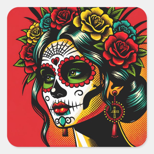 Sticker Carré Day of the dead Mexican Catrina Roses (Devant)