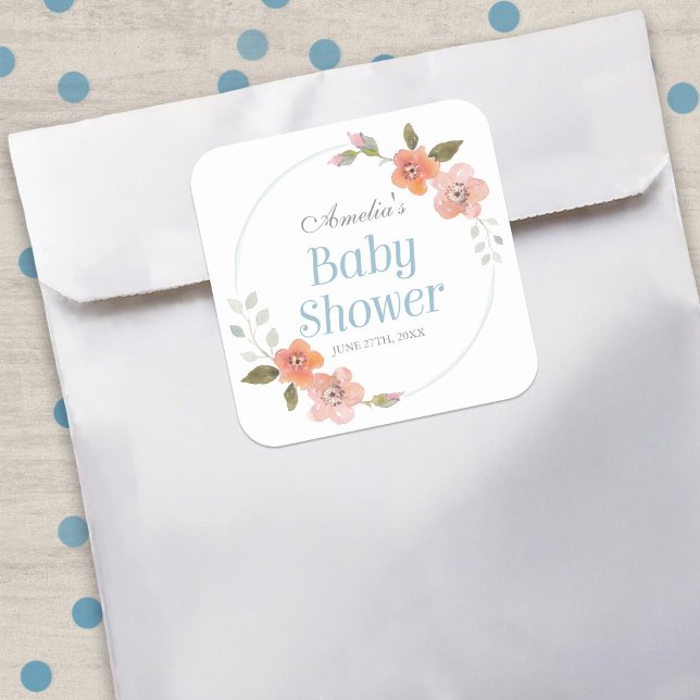 Sticker Carré de Baby shower bleu floral délicat (Créateur téléchargé)