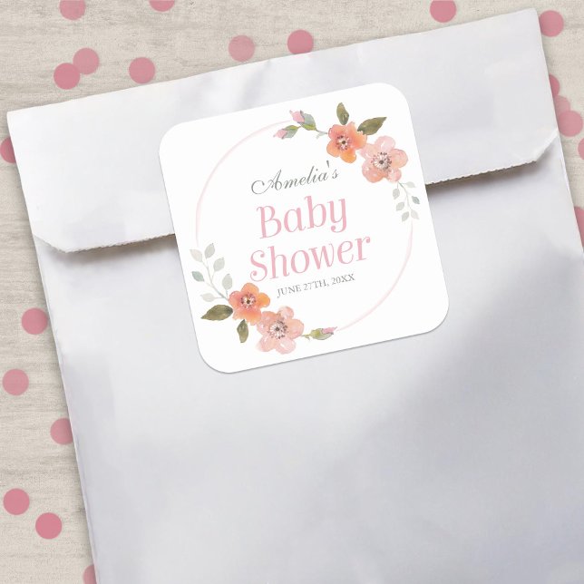 Sticker Carré de Baby shower rose floral (Créateur téléchargé)