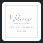 Sticker Carré de bienvenue minimaliste Mariage en<br><div class="desc">Ces autocollants minimalistes mariages d'argent sont parfaits pour un mariage simple. Le design romantique moderne présente une typographie gris argenté et blanc classique associée à une calligraphie rustique mais élégante avec un style vintage lettré à la main. Personnalisable dans n'importe quelle couleur. Gardez le design simple et élégant, en l'état,...</div>