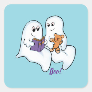 Sticker Carré De mignons fantômes lisant ensemble à Halloween
