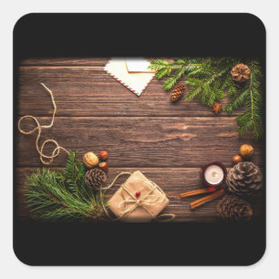 Sticker Carré Décor de Noël avec Grange Bois et Pin