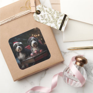 Sticker Carré Décor de Noël Bernedoodle Snowy Sleigh