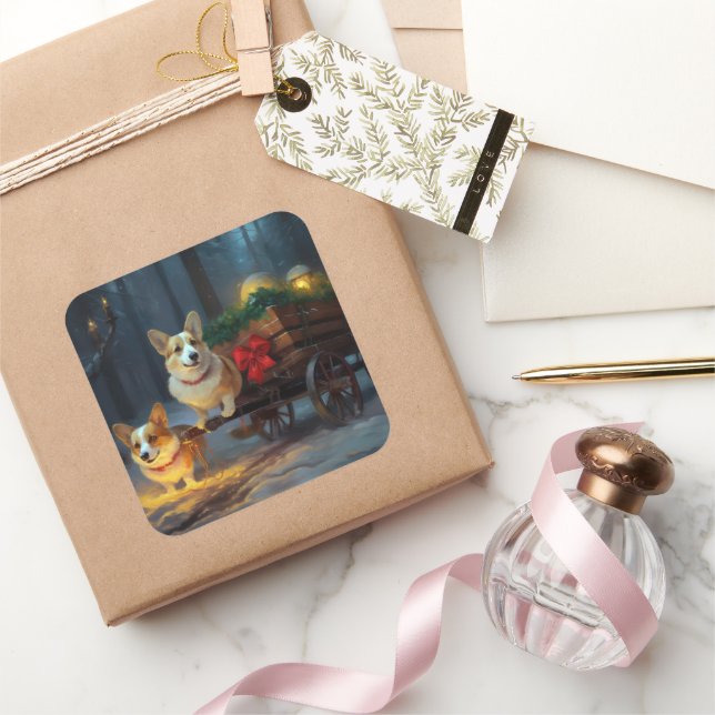 Sticker Carré Décor de Noël Chien Corgi enneigé  (Cadeaux)