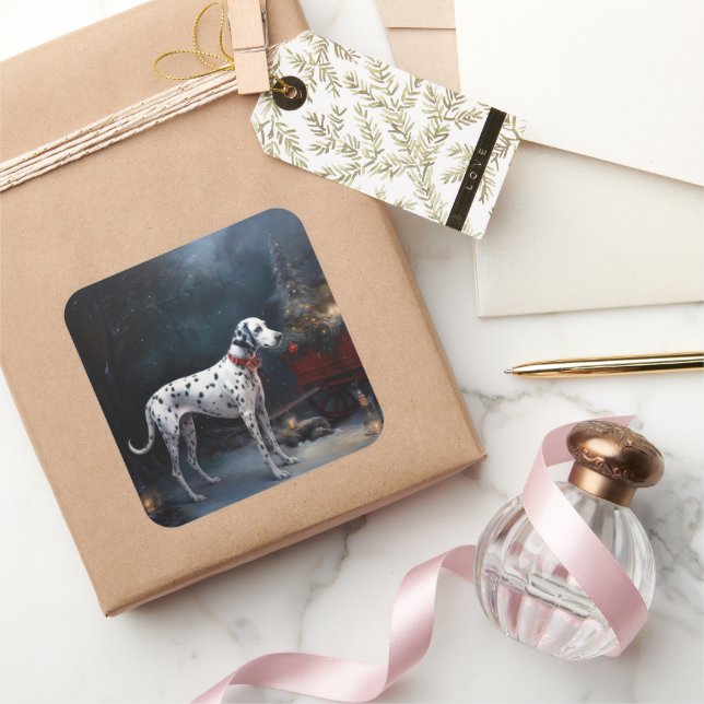 Sticker Carré Décor de Noël Dalmatien enneigé  (Cadeaux)