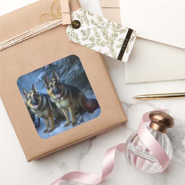 Sticker Carré Décor de Noël du berger allemand Snowy Sleigh (Cadeaux)