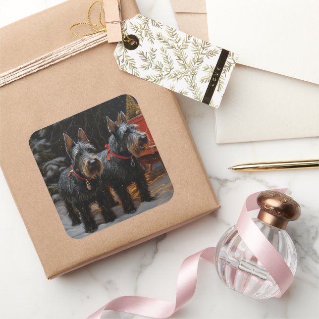 Sticker Carré Décor de Noël écossais Terrier Snowy Sleigh (Cadeaux)