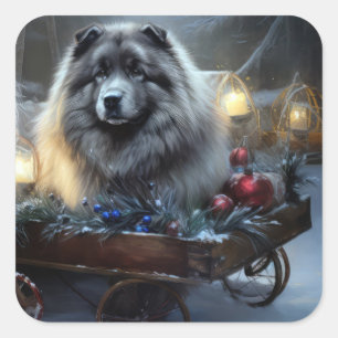 Sticker Carré Décor de Noël Keeshond Snowy Sleigh