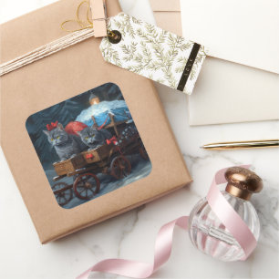 Sticker Carré Décor de Noël Oriental Blue Cat Snowy Sleigh