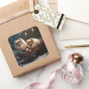 Sticker Carré Décor de Noël Poméranien Snowy Sleigh